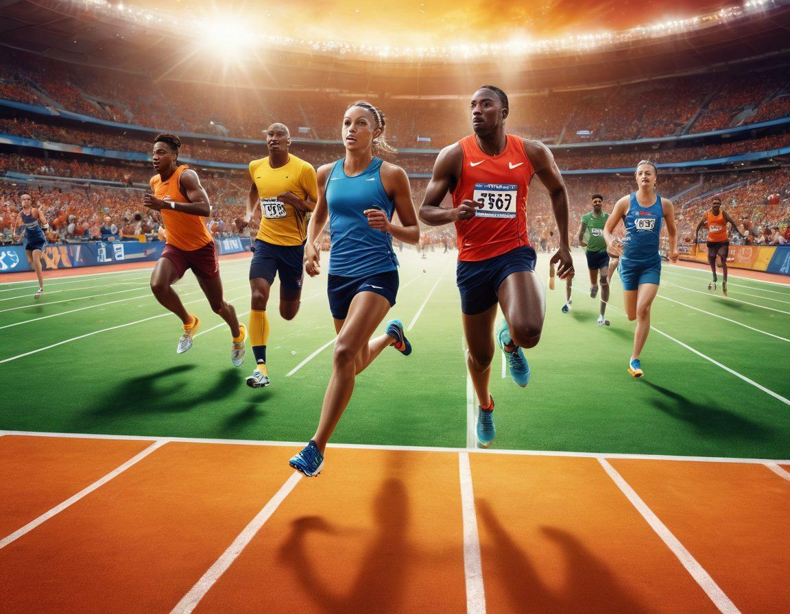 A dynamic scene showcasing various athletes engaged in diverse sports activities like running, soccer, basketball, and swimming, with a vibrant digital overlay displaying live streaming icons and sports coverage graphics. The background features cheering crowds in a stadium ambiance, emphasizing excitement and passion. Bright colors highlight the energy and thrill of live sports. super-realistic. vibrant colors. 3D.
