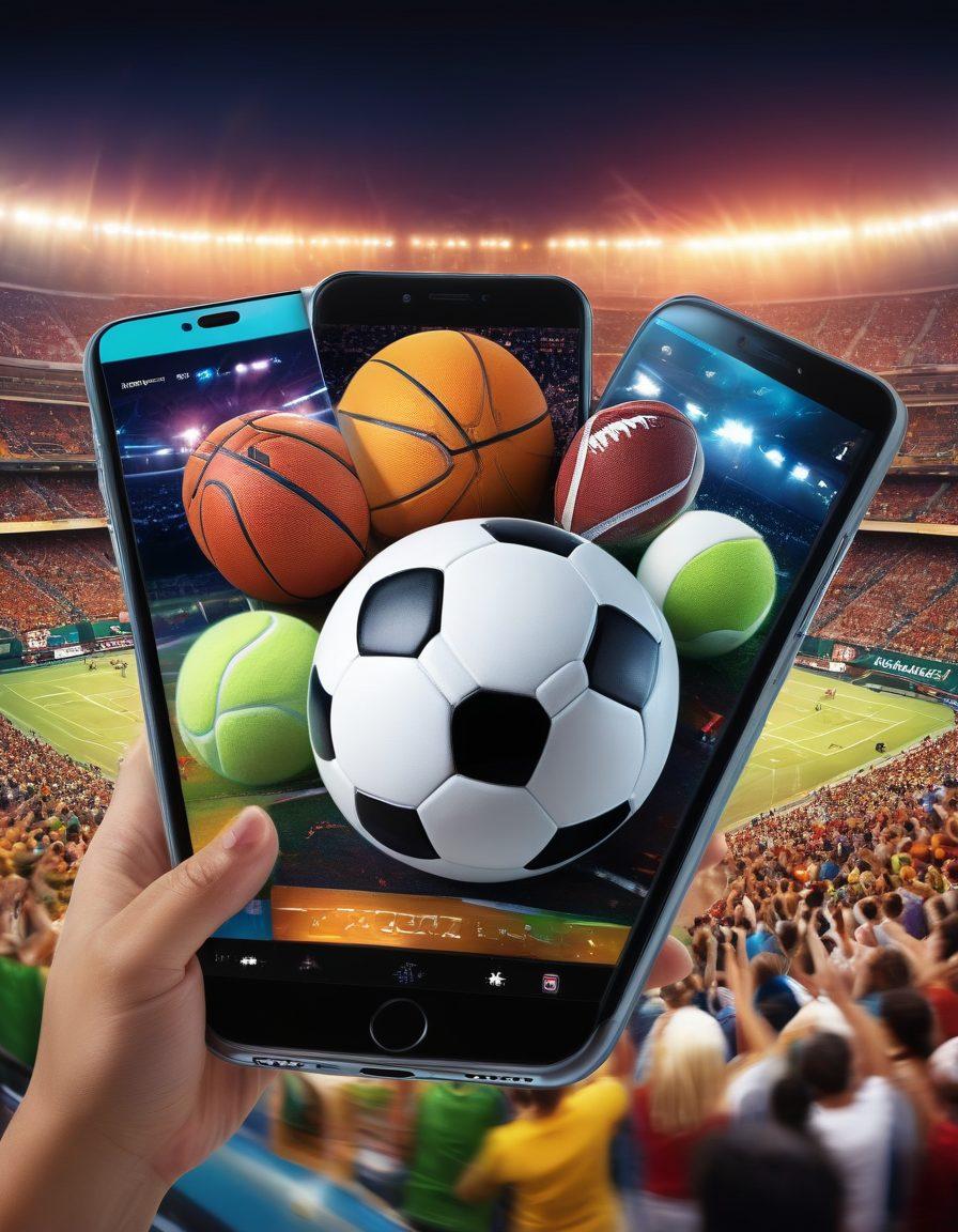 A dynamic collage showcasing various sports equipment like a soccer ball, basketball, and tennis racket, seamlessly blending into smartphone screens displaying popular streaming platforms. The background features an energetic crowd in a stadium, highlighting the excitement of live sports. Include digital icons symbolizing analysis tools like charts and graphs. The whole scene vibrates with vibrant colors to evoke enthusiasm for sports streaming. super-realistic. vibrant colors.