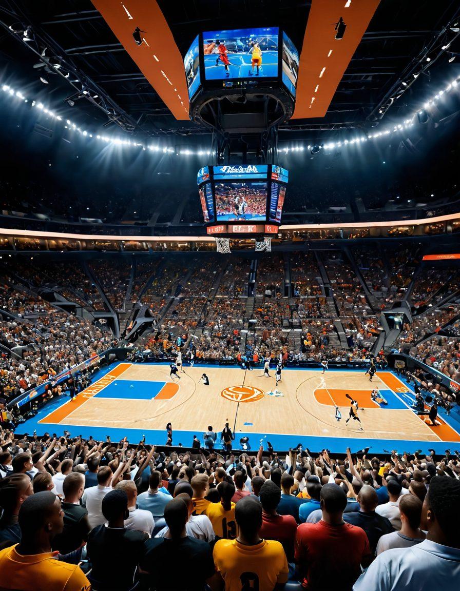 A dynamic scene showcasing diverse athletes in action across various sports like football, basketball, and tennis, with an audience cheering passionately in the background. Include vibrant banners with team colors and an animated scoreboard displaying live scores. The atmosphere is electric, capturing the excitement of sporting events. super-realistic. vibrant colors. action-packed.
